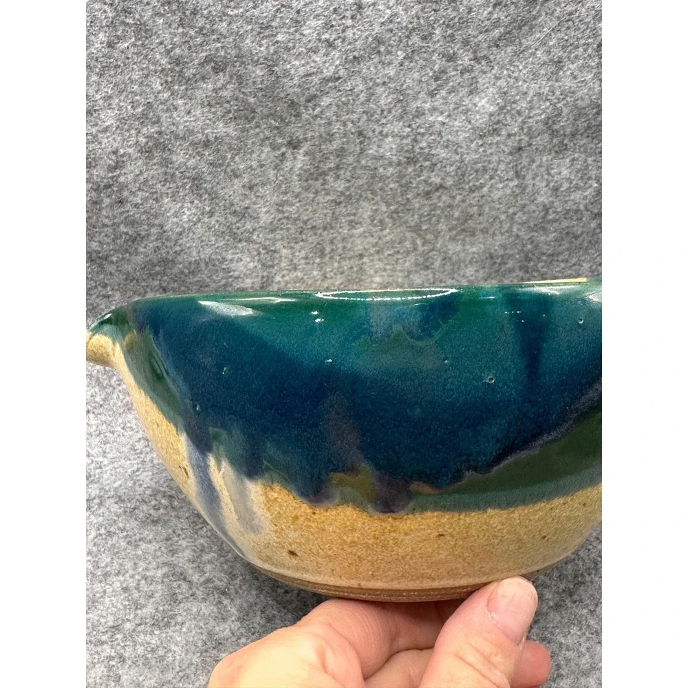 Handmade Studio Pottery Batter Bowl Green Blue Drip Glaze Signed Spout Handle